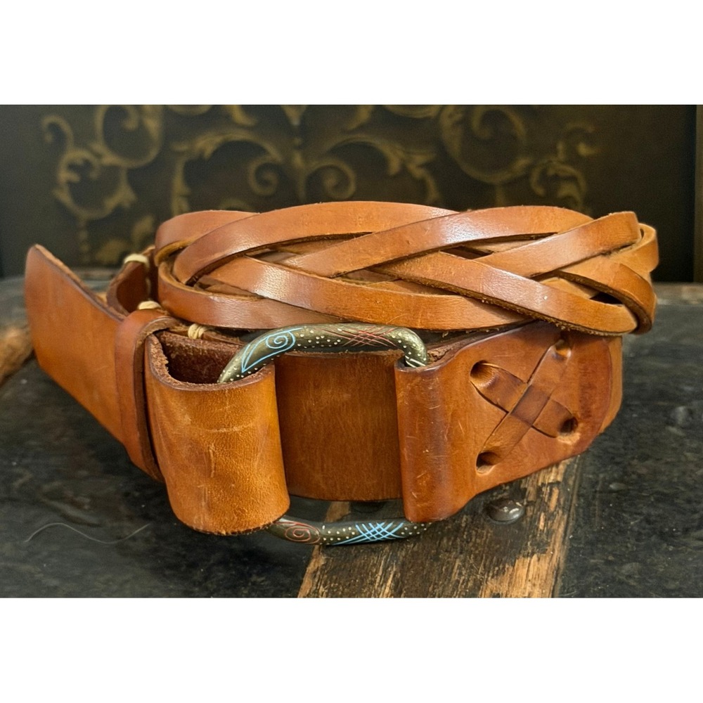 Vintage Womens Leather Belt Brown Braided Ornate Ring Buckle Boho Handmade